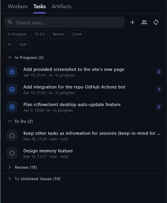 RCFlow client — tasks tab with execution history