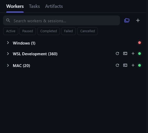 RCFlow client — workers tab showing connected workers